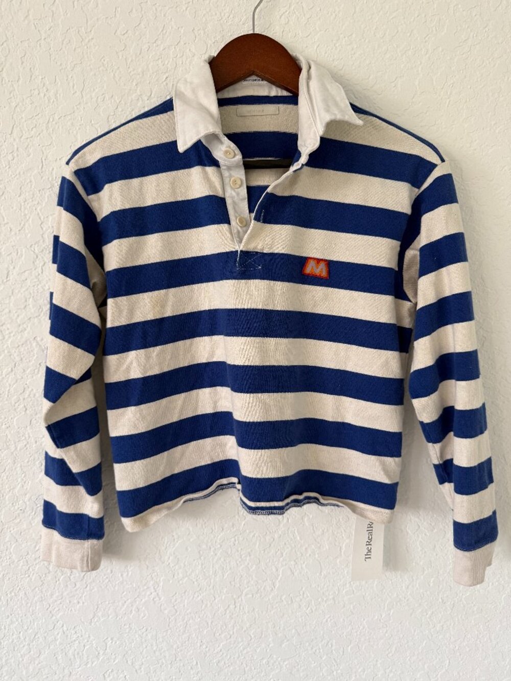 MOTHER Boxy Polo Crop Tee in Game On- Blue/Cream Stripes- S- Long Sleeve - Picture 6 of 16